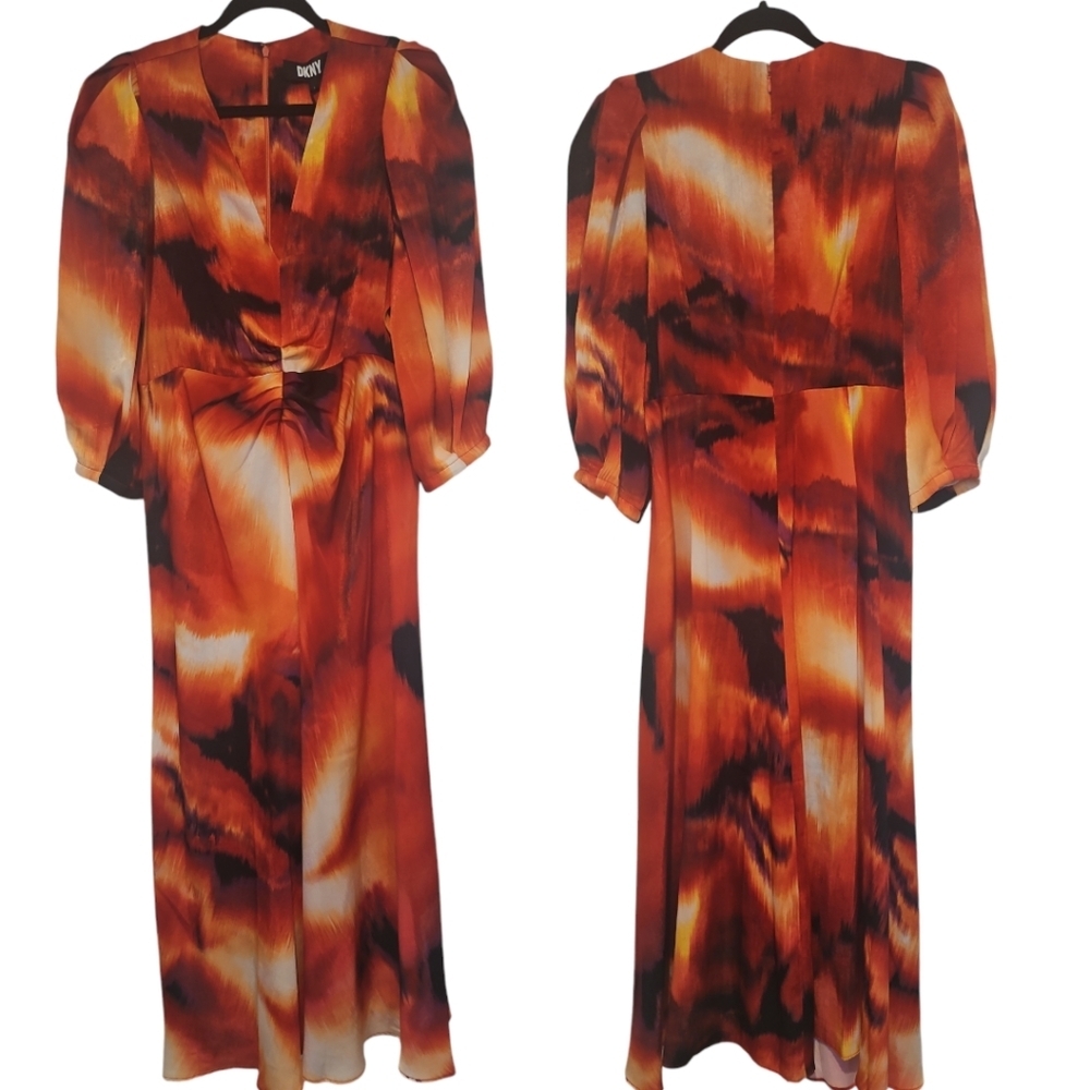 DKNY Printed Satin Midi Dress Red Orange Abstract Puff Sleeve L NWT - Picture 8 of 15